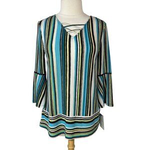 Dana Buchman Tunic Blouse Womens MP Medium Petite Blue Black New Bell Sleeves